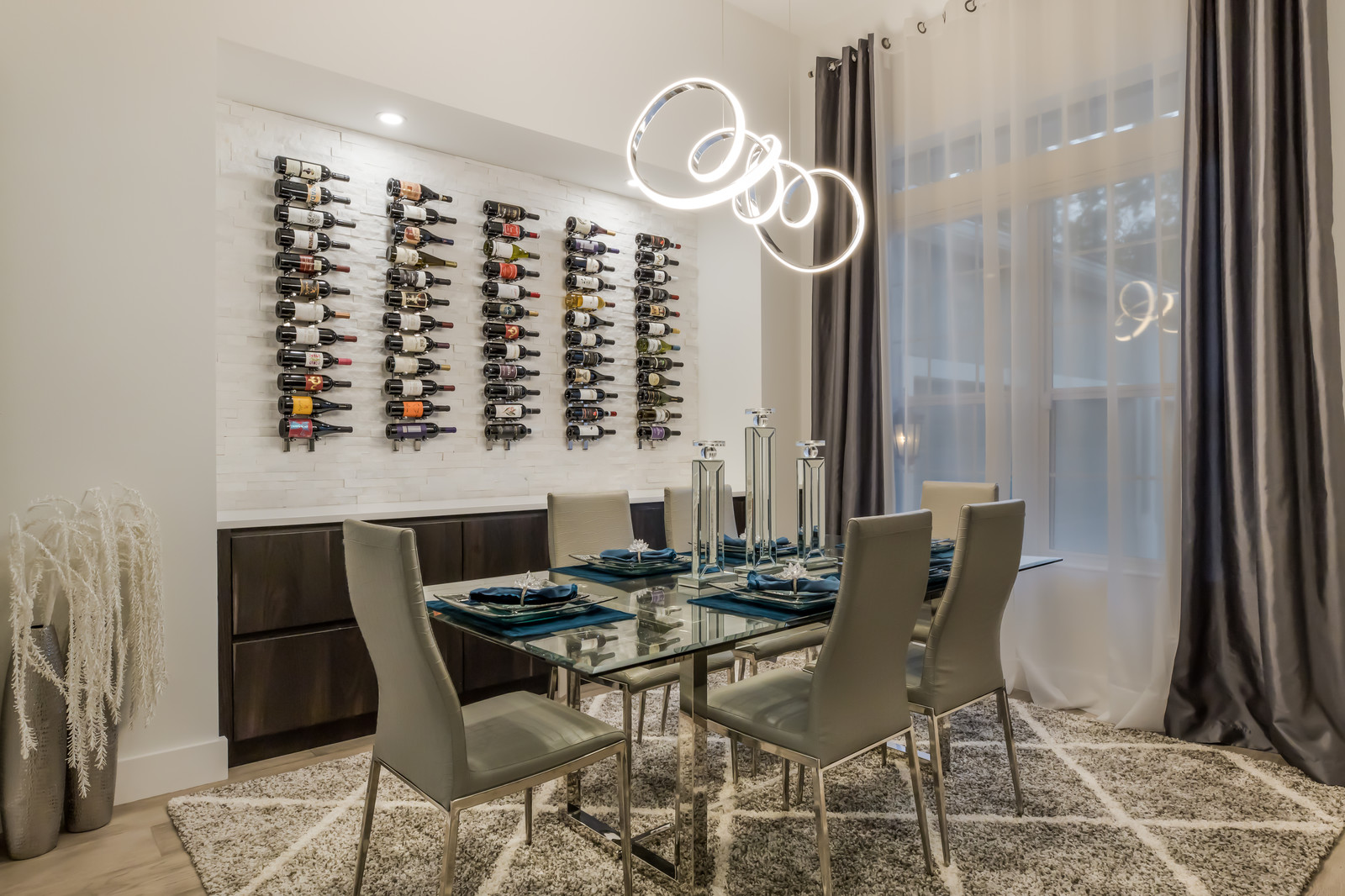 Dining area with wine wall