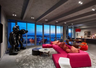 Red sofa in penthouse