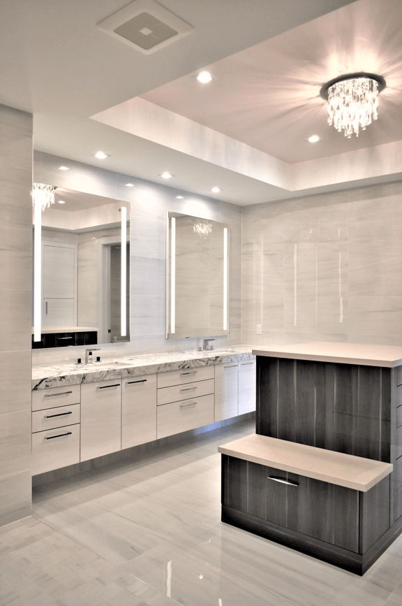 Bathroom island in white master bathroom