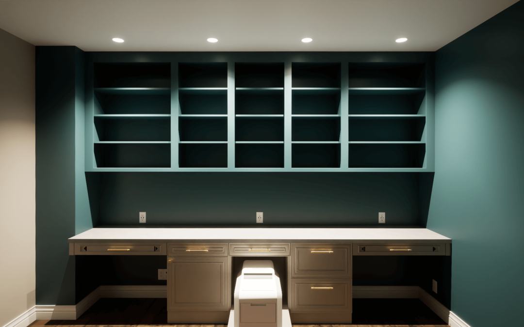 Render of office with blue bookcase shelving