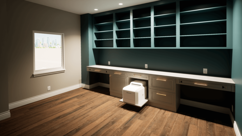 Render of office with blue bookcase shelving