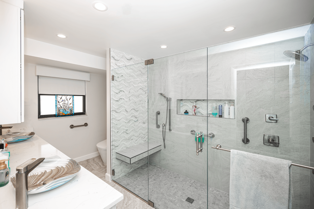 White modern bathroom with walk-in shower