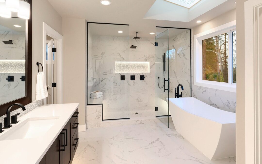 Luxury modern home bathroom interior with dark brown cabinets