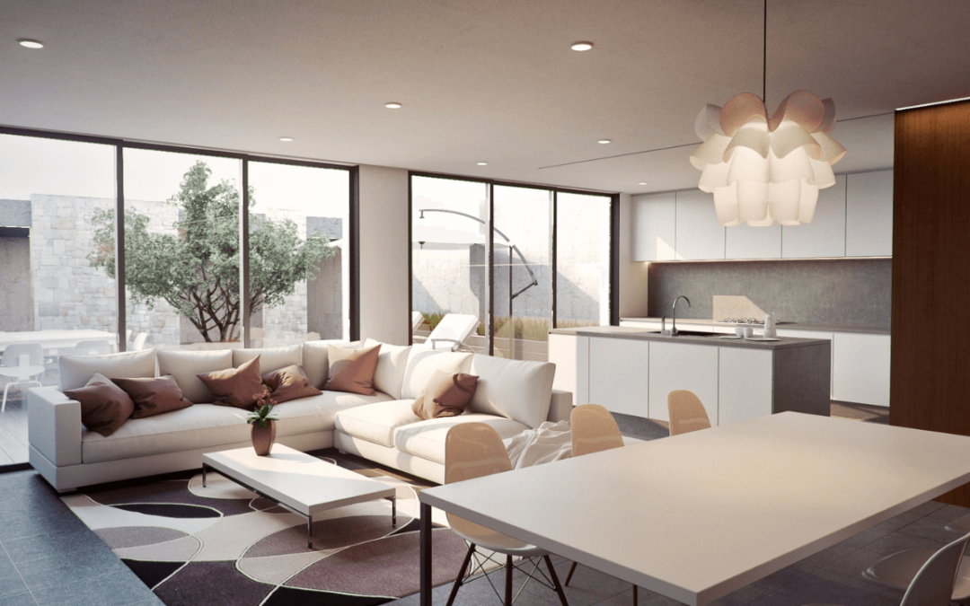 Modern living room with kitchen in background